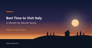Best time to visit Italy cover: Tuscan hills and a farmhouse at dusk