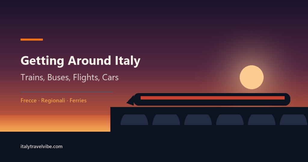 Illustrated red high-speed train crossing a viaduct through green Italian hills, cover for the getting around Italy transport comparison