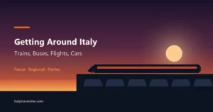 Getting around Italy cover: a high-speed train crossing a viaduct at dusk