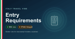 Italy entry requirements 2026 cover graphic showing EES live and ETIAS delayed status