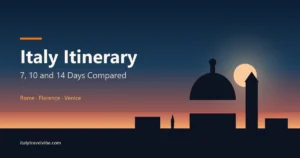 Italy itinerary cover: a domed Italian skyline in silhouette at dusk