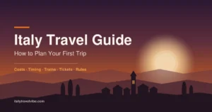 Italy travel guide cover graphic showing an Italian hill town skyline with a bell tower and cypress trees at golden hour