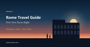 Rome travel guide cover: the Colosseum in silhouette at dusk