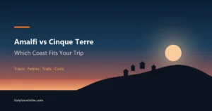 Amalfi Coast vs Cinque Terre cover graphic showing an Italian coastline at dusk with a cliffside village on one headland and a coastal road curving away on the other