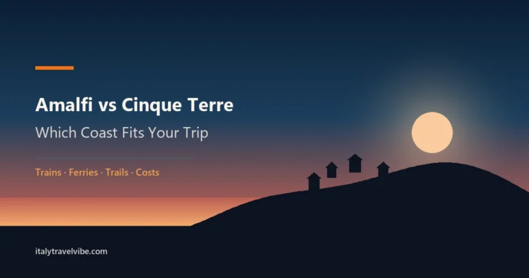 Amalfi Coast vs Cinque Terre cover graphic showing an Italian coastline at dusk with a cliffside village on one headland and a coastal road curving away on the other