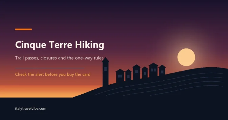 Cinque Terre hiking guide cover: a terraced headland with a stacked cliff village and a church campanile in silhouette against a dusk sky