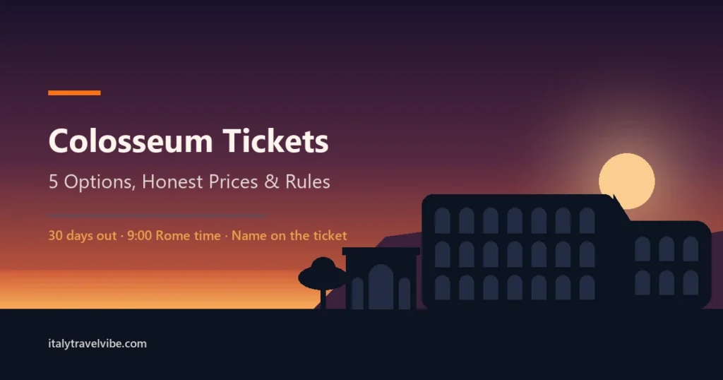The Colosseum's broken outer ring and the Arch of Constantine in silhouette against a dusk sky, from the guide to buying official Colosseum tickets