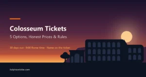 The Colosseum's broken outer ring and the Arch of Constantine in silhouette against a dusk sky, from the guide to buying official Colosseum tickets