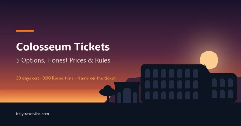 The Colosseum's broken outer ring and the Arch of Constantine in silhouette against a dusk sky, from the guide to buying official Colosseum tickets