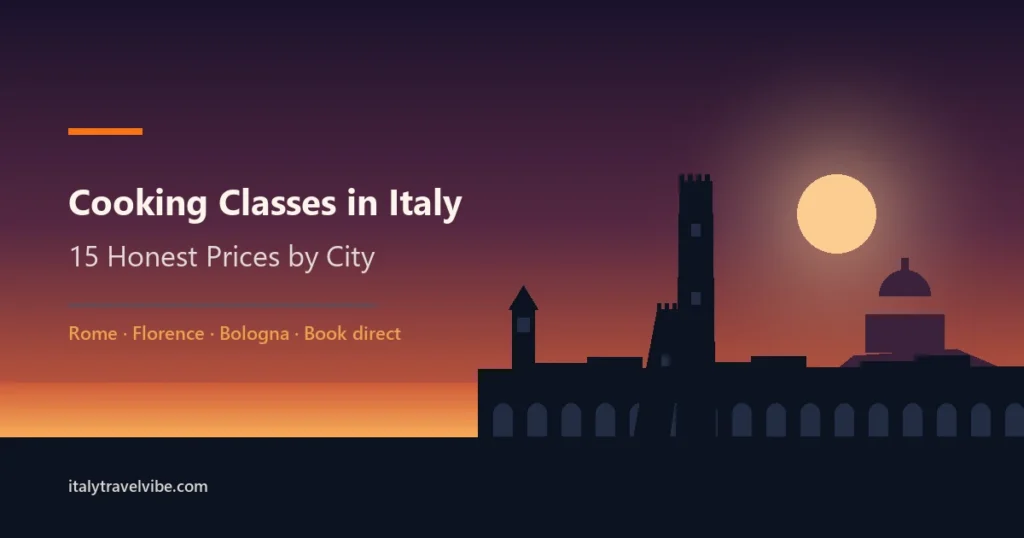Bologna's two towers and a run of portico arches in silhouette against a dusk sky, from the guide to cooking classes in Italy