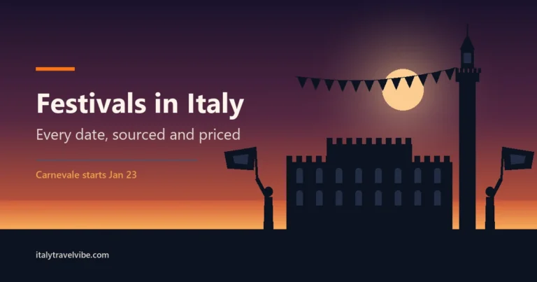 Festivals in Italy calendar cover: flag-wavers throwing banners below Siena's Torre del Mangia in silhouette against a dusk sky