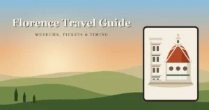 Florence travel guide cover graphic showing Giotto's bell tower and Brunelleschi's terracotta dome in flat vector style against a golden-hour sky