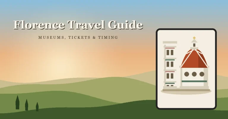 Florence travel guide cover graphic showing Giotto's bell tower and Brunelleschi's terracotta dome in flat vector style against a golden-hour sky