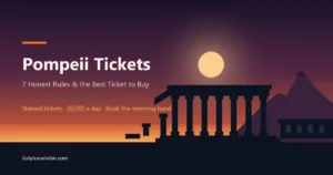 The Forum colonnade at Pompeii in silhouette with Vesuvius behind it against a dusk sky, from the guide to Pompeii tickets