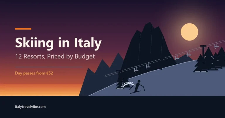 Skiing in Italy cover: a skier carving below a chairlift and jagged Dolomite peaks in silhouette against a dusk sky