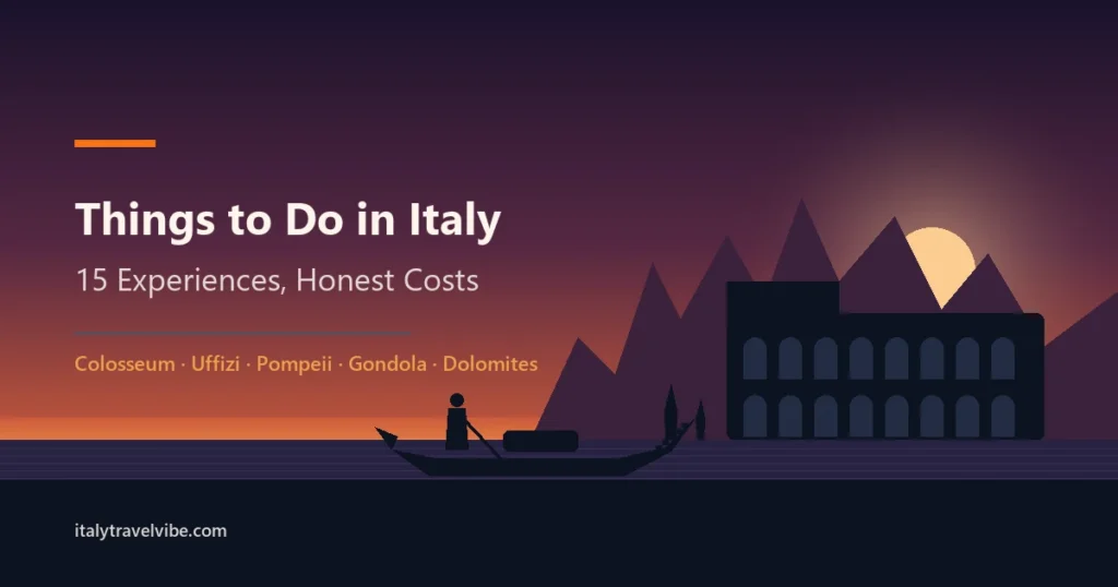 The Colosseum's arcades, a gondola prow and a Dolomites ridge in silhouette against a dusk sky, from the guide to the best things to do in Italy
