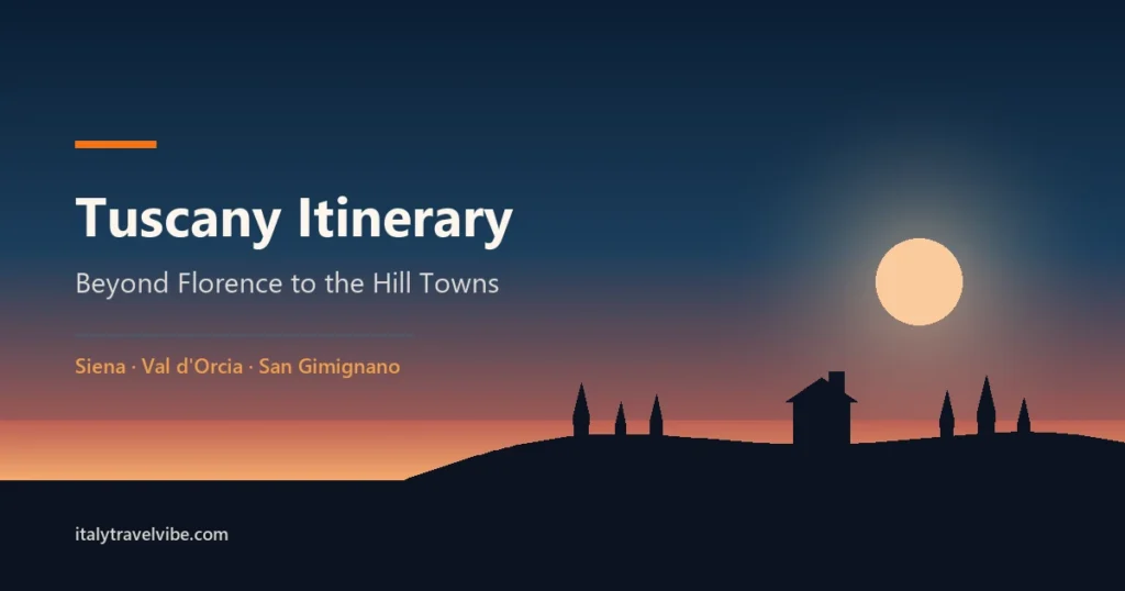 Tuscany itinerary cover graphic with a dusk sky over silhouetted Tuscan hills, a farmhouse tower and cypress trees