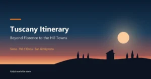 Tuscany itinerary cover graphic showing a hill town on a ridge at golden hour with cypress trees, from the guide to Siena, the Val d'Orcia and the hill towns