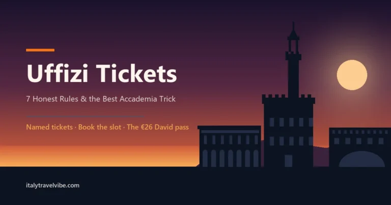 Palazzo Vecchio's tower and the Uffizi portico in silhouette against a dusk sky, from the guide to Uffizi tickets