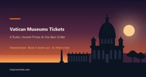 The dome of St. Peter's Basilica and Bernini's colonnade in silhouette against a dusk sky, from the guide to Vatican Museums tickets