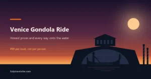 Venice gondola ride guide cover: a gondolier rowing a gondola past striped mooring poles and the Rialto Bridge arch in silhouette against a dusk sky