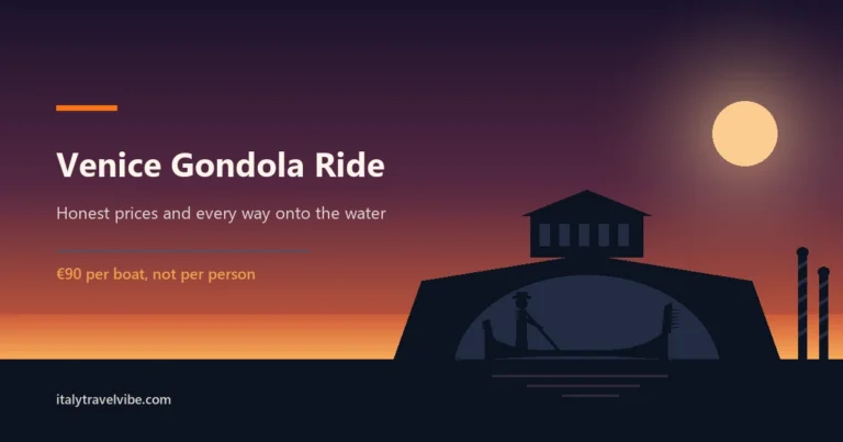 Venice gondola ride guide cover: a gondolier rowing a gondola past striped mooring poles and the Rialto Bridge arch in silhouette against a dusk sky