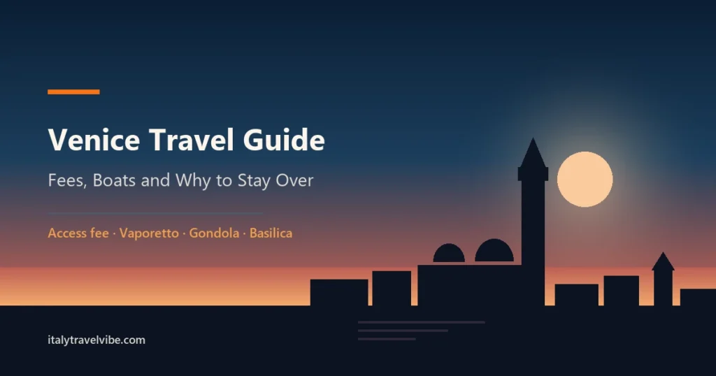 Venice travel guide cover graphic showing the campanile and basilica domes in silhouette against a deep sunrise sky