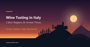 Vineyard rows, cypresses, a hilltop castle and Etna's cone in silhouette against a dusk sky, from the guide to wine tasting in Italy