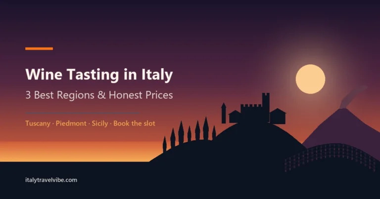Vineyard rows, cypresses, a hilltop castle and Etna's cone in silhouette against a dusk sky, from the guide to wine tasting in Italy