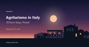 Agriturismo in Italy cover: a farmhouse with an arched loggia, a lamp-lit dinner table under a vine pergola and round hay bales in silhouette at dusk