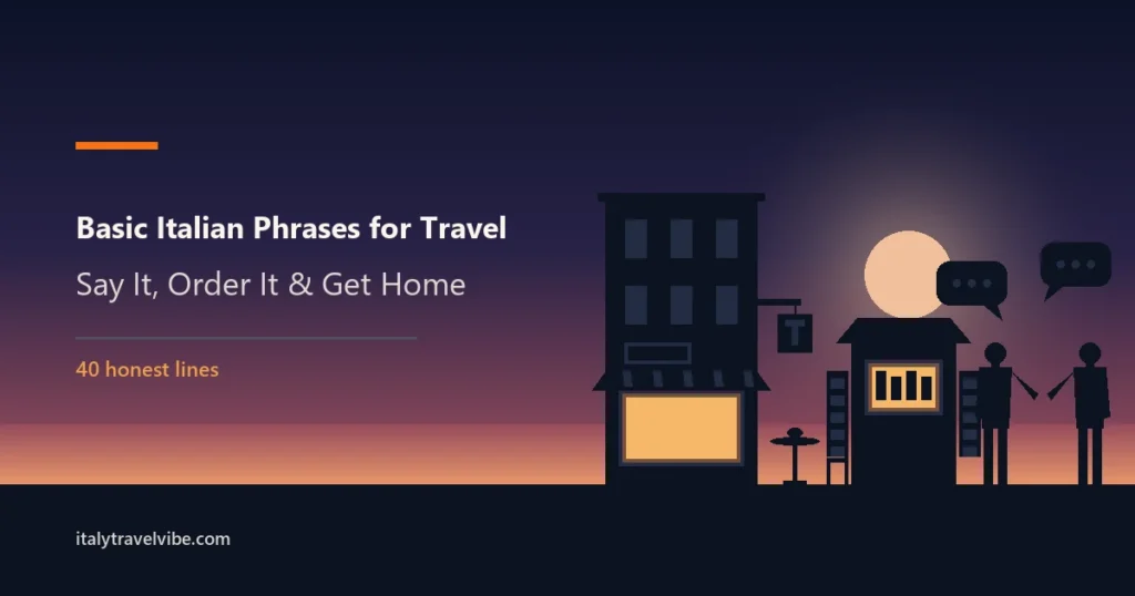 Basic Italian phrases for travel cover: an Italian street corner at dusk with a café, a tabacchi sign, a newsstand kiosk and two people talking