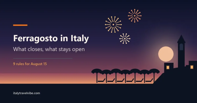 Ferragosto in Italy cover: beach umbrellas, a bell tower and fireworks under a dusk sky