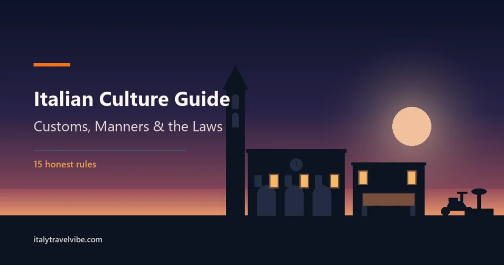 Italian culture guide cover: a piazza at dusk with a campanile, a three-arched loggia, a bar awning with two figures standing at the counter and a parked scooter