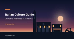Italian culture guide cover: a piazza at dusk with a campanile, a three-arched loggia, a bar awning with two figures standing at the counter and a parked scooter