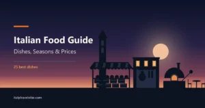 Italian food guide cover: a market stall with produce crates, a salumeria with a hanging prosciutto and a wood-fired pizza oven at dusk below a campanile