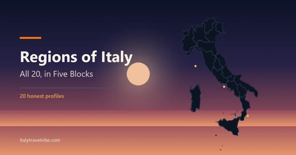 Regions of Italy cover: the silhouette of Italy with its 20 regional borders under a dusk sky