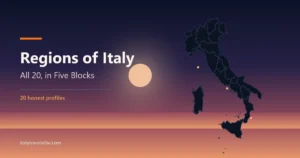 Regions of Italy cover: the silhouette of Italy with its 20 regional borders under a dusk sky