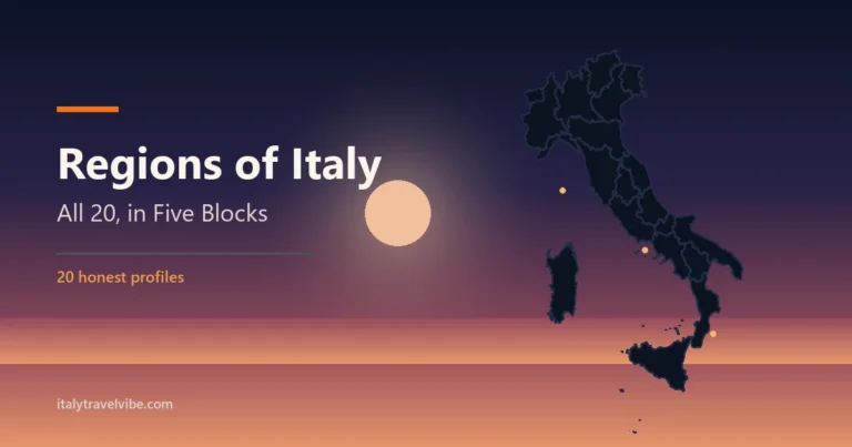 Regions of Italy cover: the silhouette of Italy with its 20 regional borders under a dusk sky