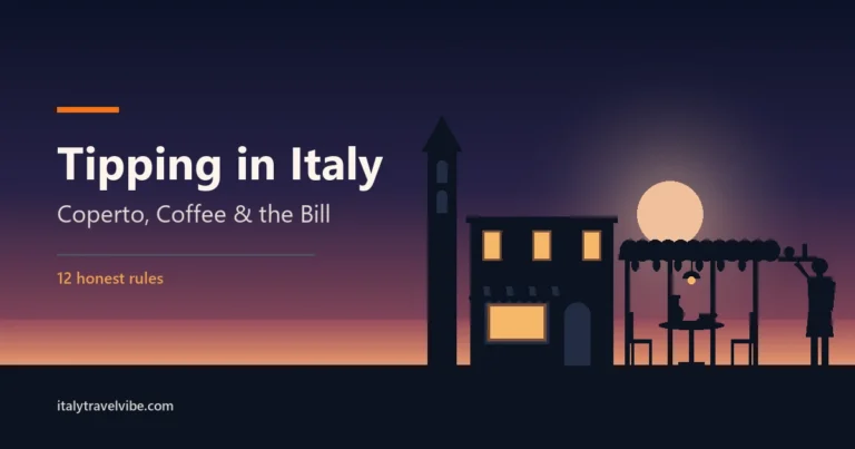 Tipping in Italy cover: a trattoria at dusk with a pergola over a table set with a carafe and a coffee cup, and a waiter carrying a tray