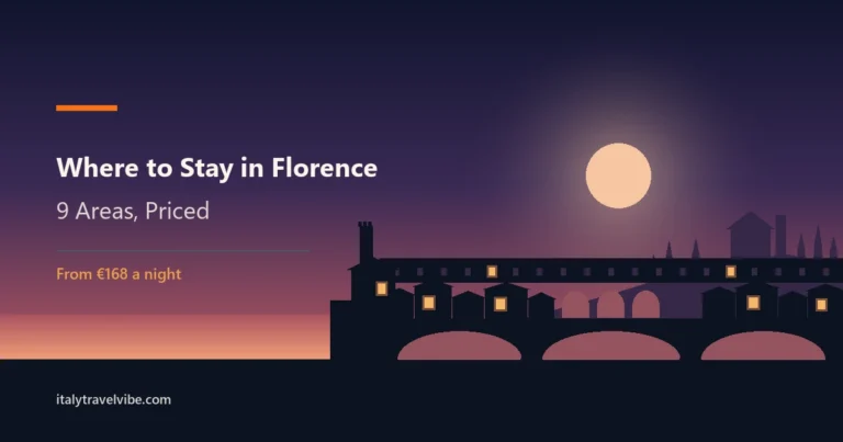 Where to stay in Florence cover: Ponte Vecchio in silhouette at dusk with lit windows, between the historic centre and the Oltrarno