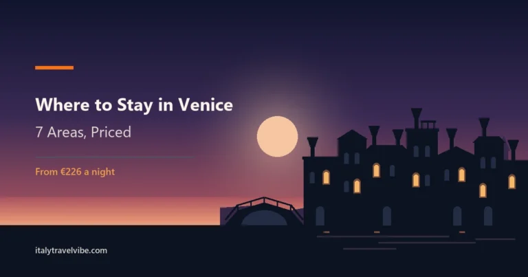 Where to stay in Venice cover: canal houses in silhouette at dusk with lit windows and a small bridge in Cannaregio